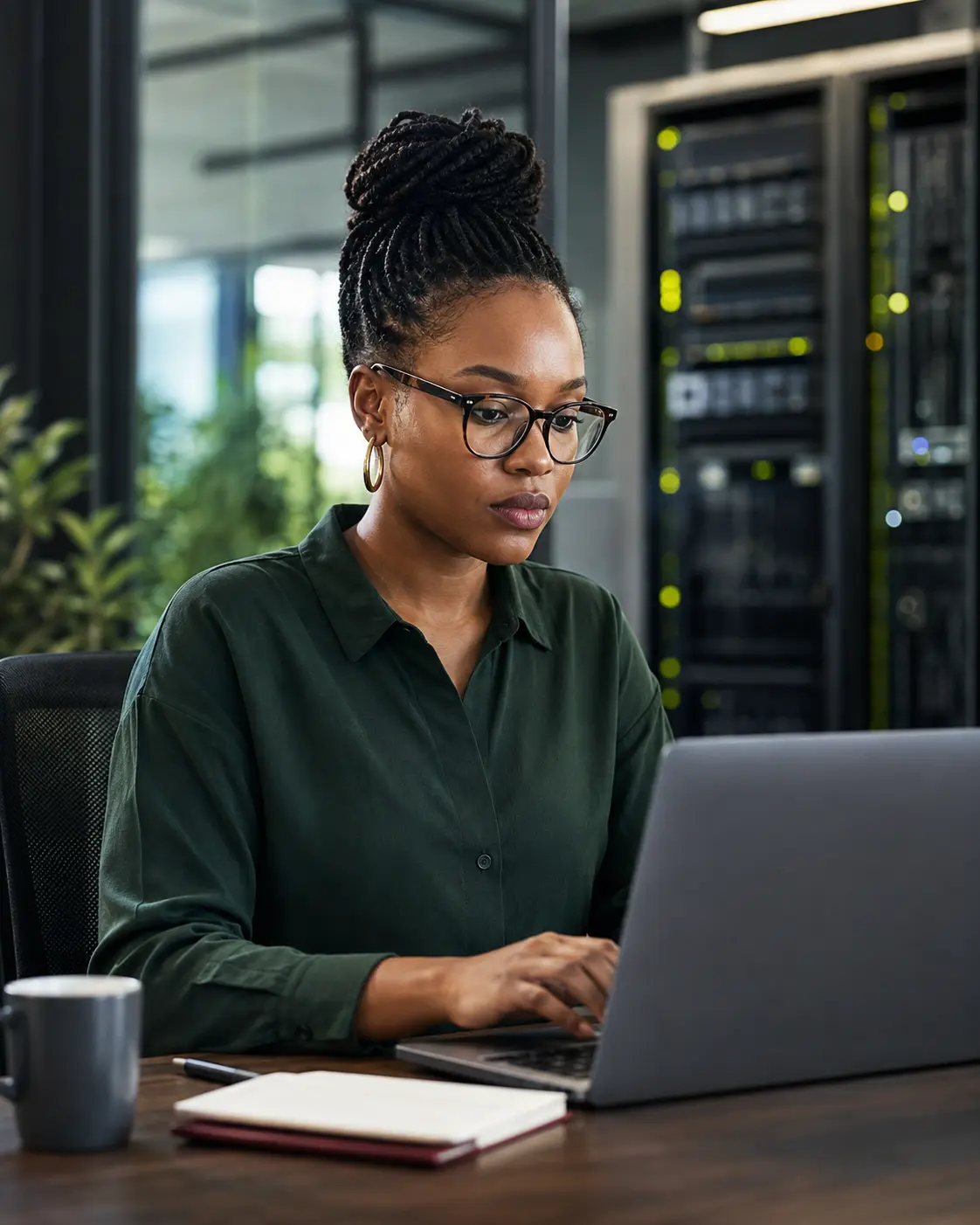 Technology professional reviewing systems in a server environment