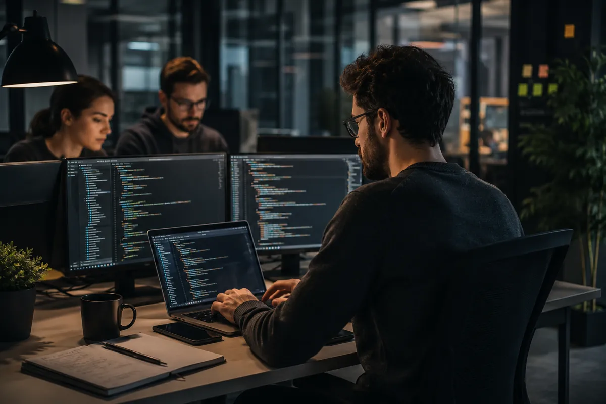 Software developers collaborating in a modern office with code on multiple screens